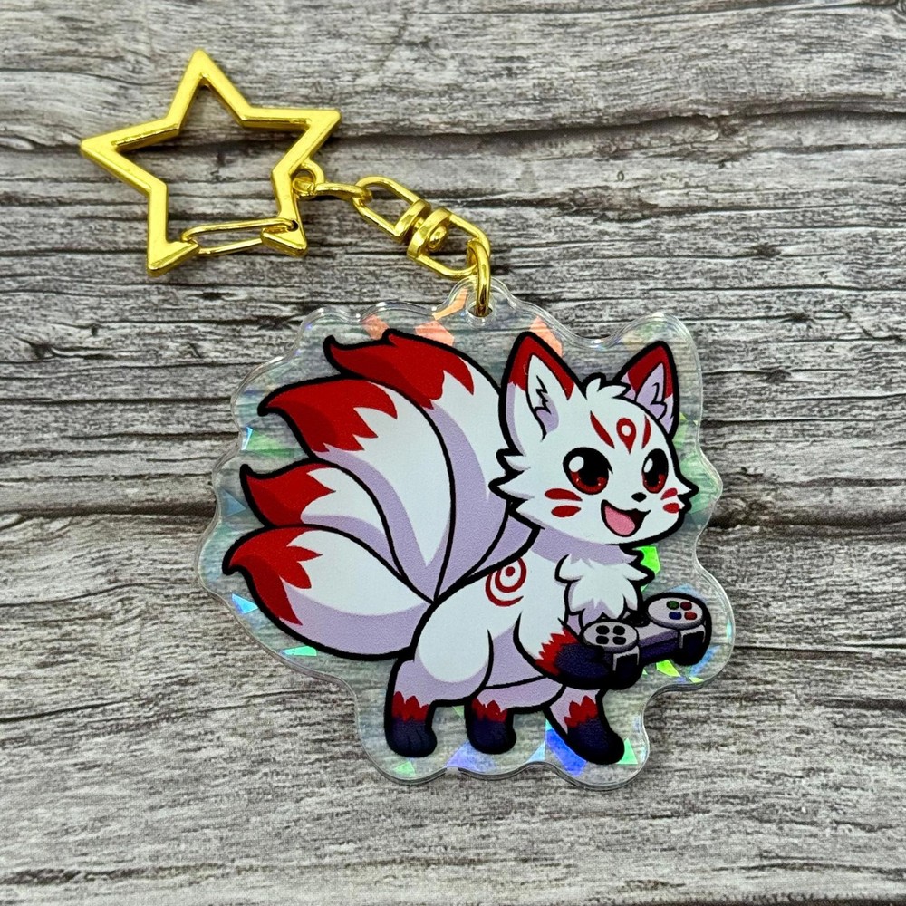 Game Fox Kitsune White & Red Happy Fox Acrylic Keychain New