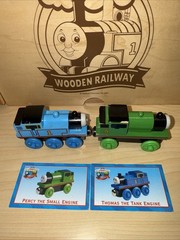 THOMAS & PERCY ! THOMAS FRIENDS TRAIN WOODEN 1998 WOODEN FUNNEL BRITT ALLCROFT