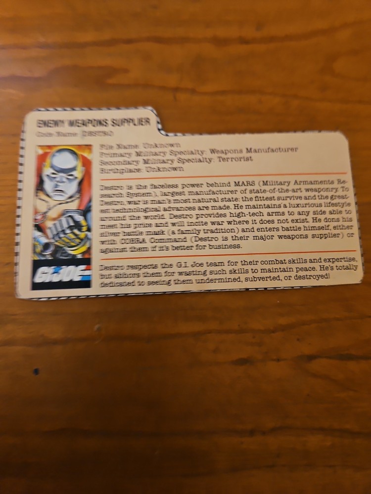 1983 Hasbro G.I. Joe Weapons Supplier DESTRO File Card