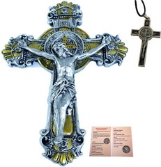 Colored two tones Wall St. Benedict Cross / Crucifix set ( 10 Inch and 3 Inches