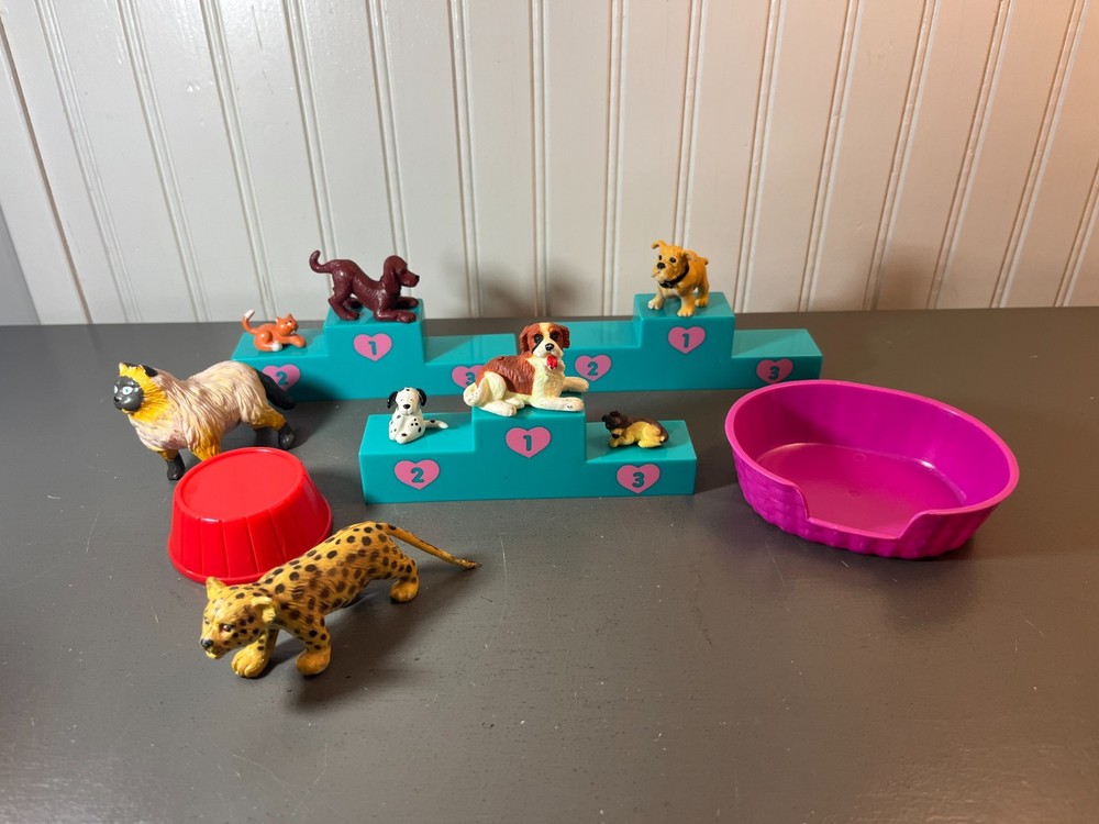 Vintage 1993-94 MEG Puppy In My Pocket x 4 + Extra Animals + Bed + x3 Stands