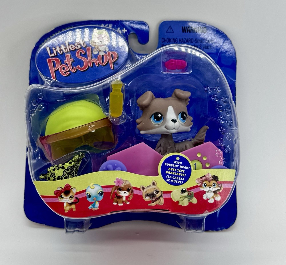 Littlest Pet Shop NIB Portable Pets # 67 Tan White Collie w Race Car 2005