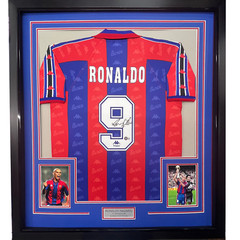 Framed Autographed/Signed Ronaldo Nazario 33×42 FC Barcelona Jersey Beckett COA