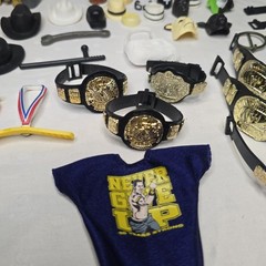 Huge WWE Wrestling Figure Accessory Lot ~90 Pcs Belts Shirts Boots Masks Mattel