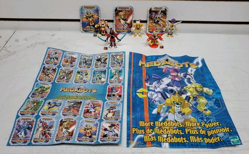 Medabots Figure Lot w/Cards, Dice & Posters – Samurai, Warbandit, Phoenix & More