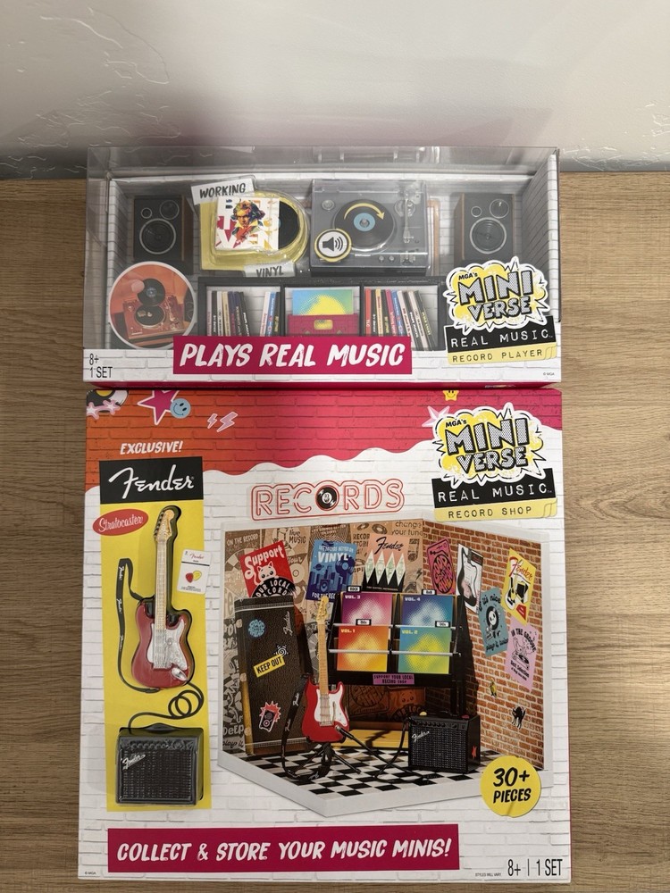 MGA Miniverse Real Music Record Player & Record Shop Fender Bundle NEW 2-Pack