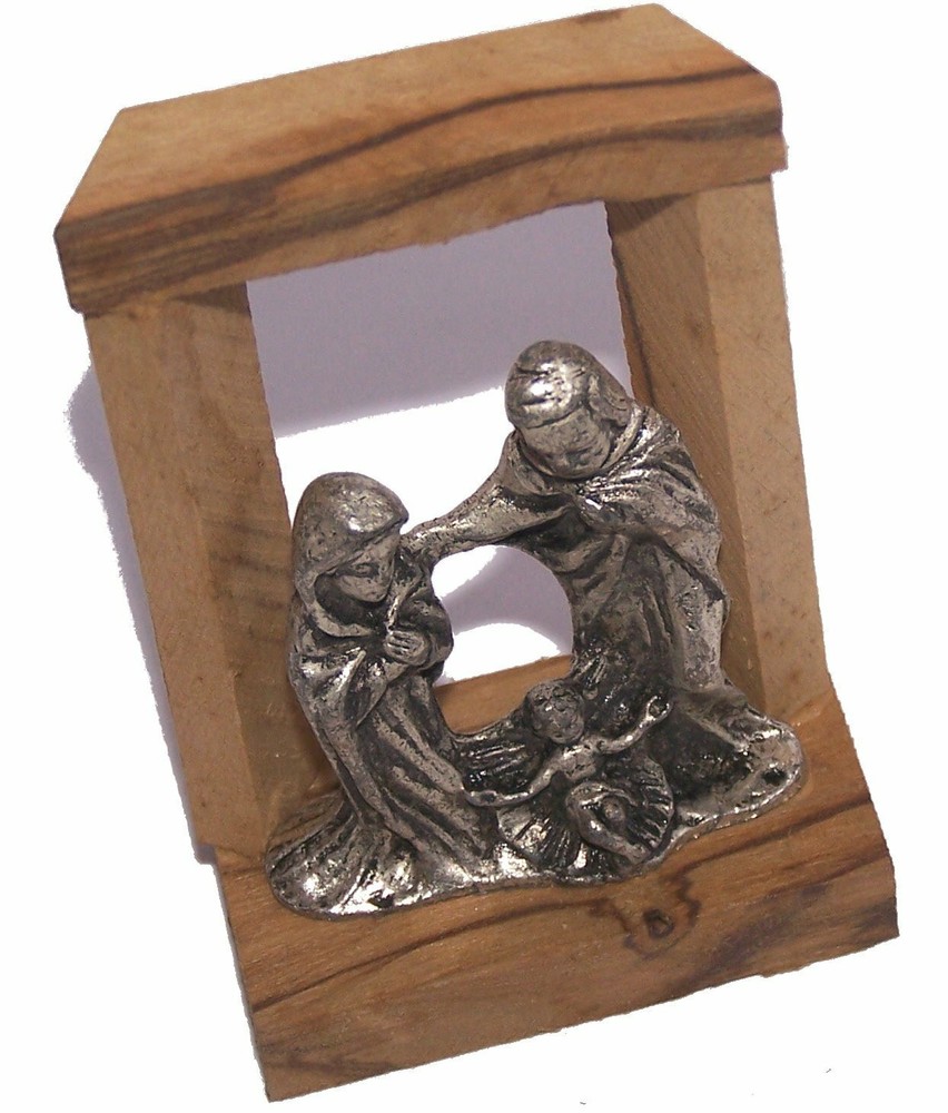 Pewter Nativity inside an olive wood cave Christmas Ornament – from the Holy