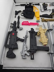 GI Joe Weapons Lot of 34 Pieces Guns Rocket Launchers Knives Holsters Backpack