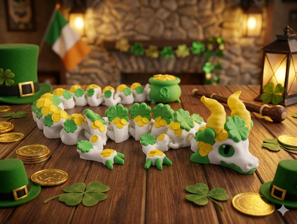 Lucky Dragon Articulated Fidget Toy St Patricks Day Shamrock 3D Printed Gift