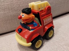 Sesame Street Fire Truck Ernie Red Pull Back’n Go Toy Car, Illco, Vintage, 1988