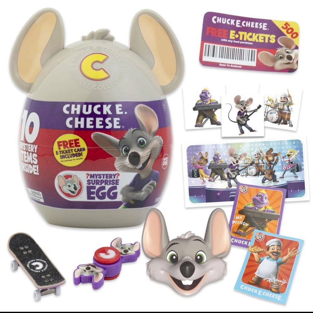 CHUCK E. CHEESE Mystery Surprise Egg Collectible 10 Items Inside w/ E Ticket NEW