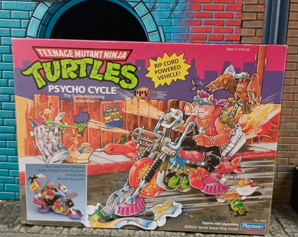 1990 Playmates TMNT Psycho Cycle Complete Open W/ Everything Including Sewer Map