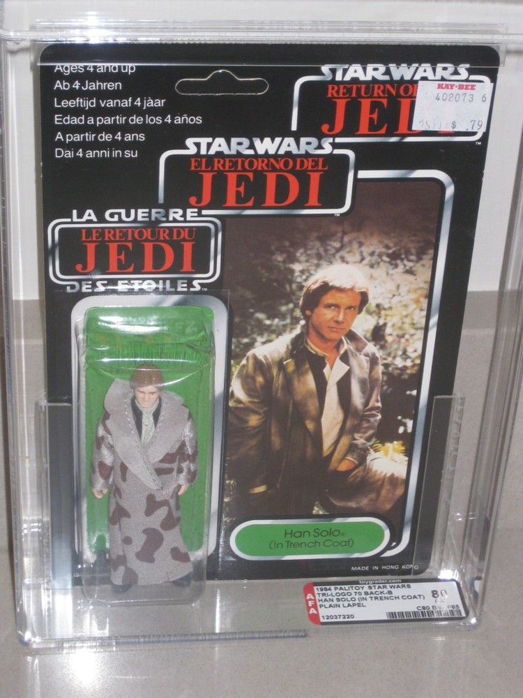 1984 Palitoy Star Wars Tri-Logo 70 Back Han Solo Trench Coat Plain Lapel AFA 80