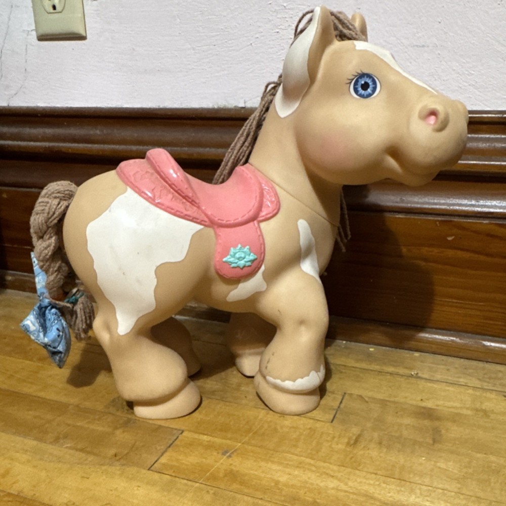 Large Horse Figure Beige and White with Pink Saddle and Blue Bow Plastic Toy