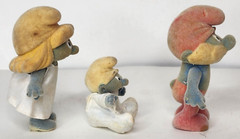 Vintage Fully Jointed Flocked Smurfs Set Papa Baby Smurfette [Bikin, 1988]