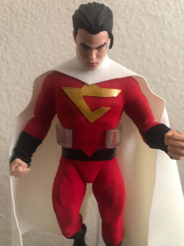 Superhero Action Figure Red White Gold Chest Emblem Cape Plastic Fabric