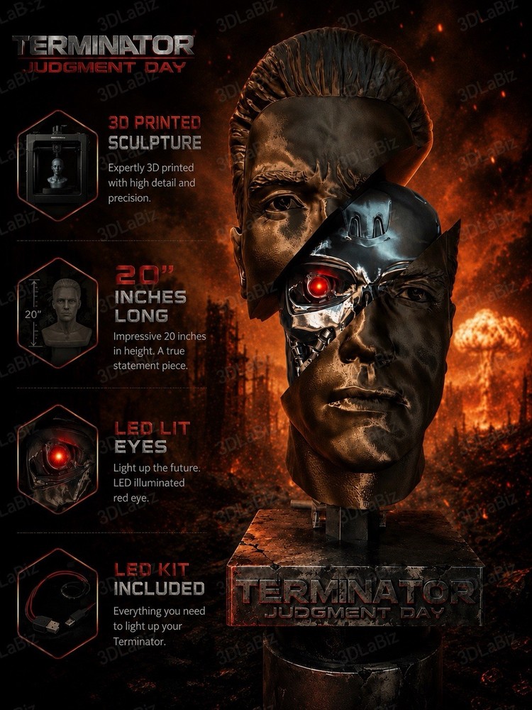 3D Printed Terminator T800 Like 20” Statue Lighted Eye And LED Kit w Remote New