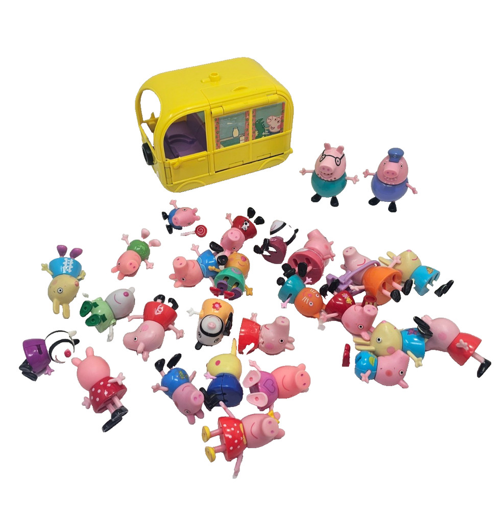 Peppa Pig Figures & Vehicle Lot Yellow School Bus Caravan Granddad Dog Pig Toys