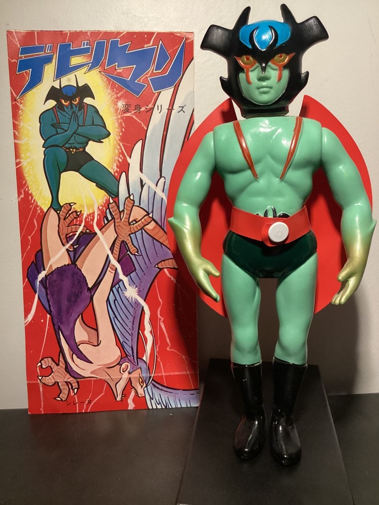 RARE VINTAGE DEVILMAN 11″ 1970s SOFUBI w/MASK & Card Zollmen Bullmark Popy Nagai