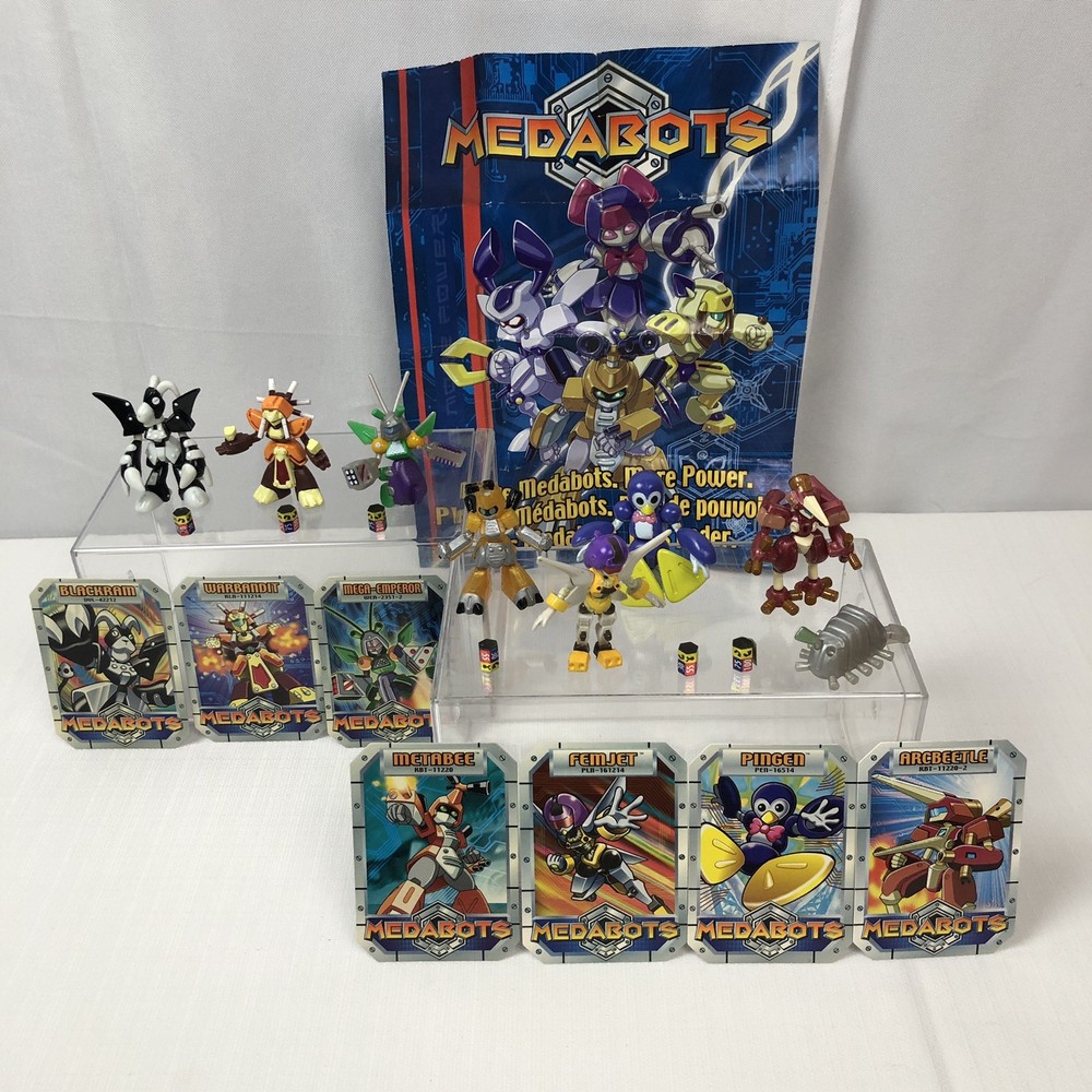 Medabots Action Figure Lot 7 Hasbro Takara Tomy 2.5” Mini Figures, Cards, Poster