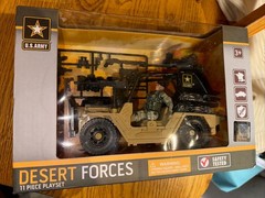 US Army 11 Piece Desert Forces Playset Off Road Vehicle – Weapons Tools Soldiers