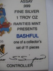 1 OZ .999 SILVER BASHFUL SNOW WHITE 7 DWARFS 50TH ANNIVERSARY DISNEY COIN +GOLD