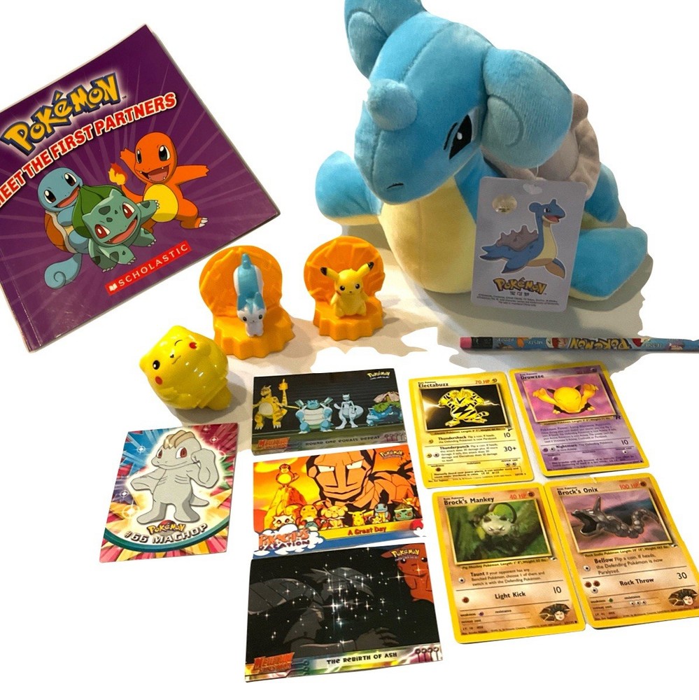 Pokemon Mixed Lot of 14 Items: Figures, Cards, Lapras Plush, VTG Pencil, Book